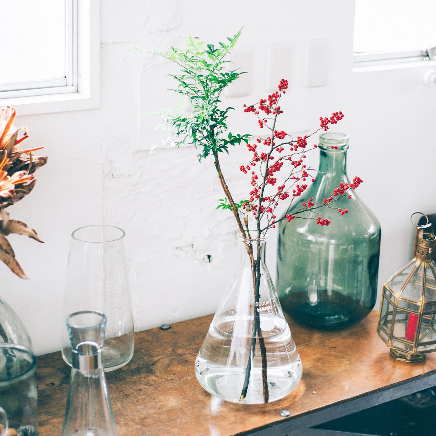 Glass vases and bottles with fresh greenery and red berries arranged on wooden shelf by window.
