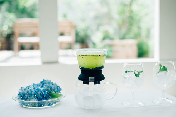 Water pitcher pouring into Largo dripper's upper chamber with tea dripping to server below.