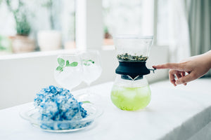 Hands adjusting Largo dripper's upper chamber showing green tea steeping in lower server.