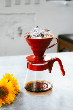 Red HARIO V60 coffee dripper filled with ice over glass carafe on white table with sunflower.