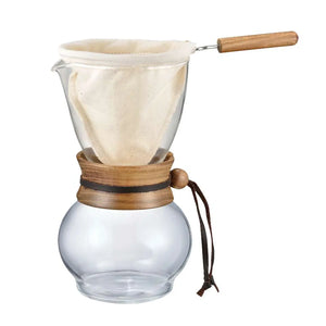 Hario Drip Pot Woodneck 480mL with glass carafe, wooden collar, cotton flannel filter, and wooden handle.