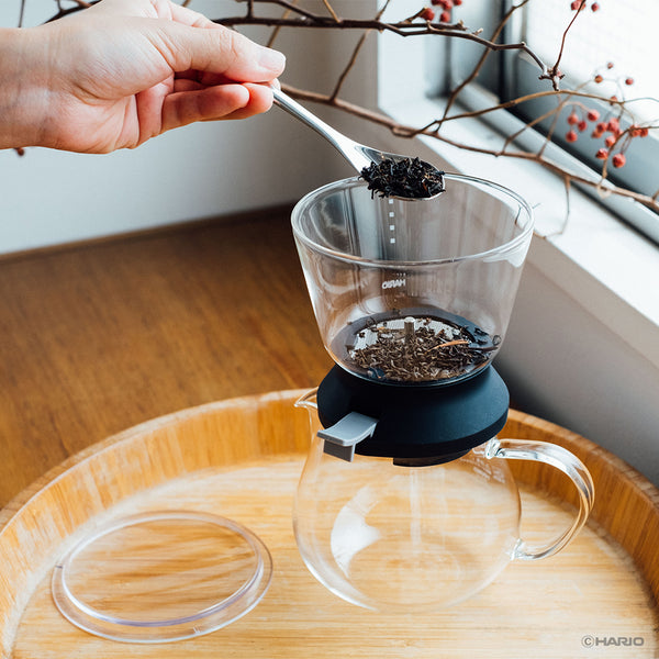 Hands positioning Largo dripper above glass carafe to begin controlled tea steeping process.