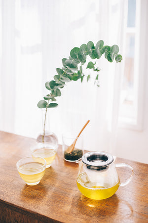 Golden-colored brewed tea in Largo server with eucalyptus greenery in water-filled vase nearby.