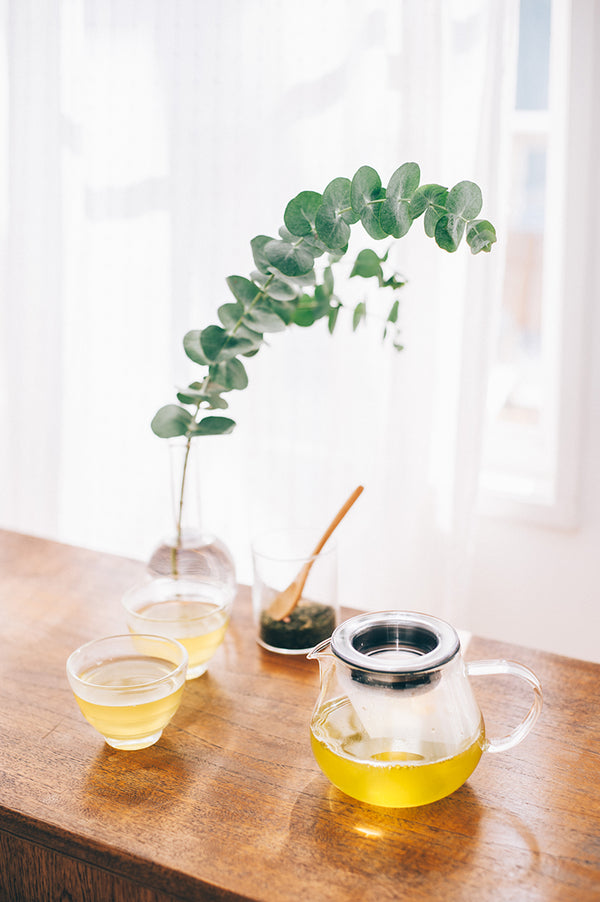 Golden-colored brewed tea in Largo server with eucalyptus greenery in water-filled vase nearby.