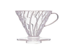 Clear plastic V60 dripper viewed from the front, showing tapered cone shape and base plate.