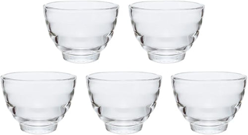 Set of seven empty Yunomi glasses arranged in rows on white background showing full collection