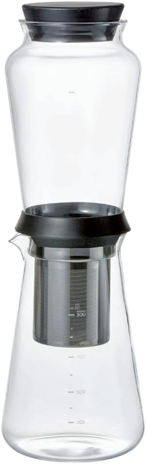 Empty Shizuku cold brew maker showing clear glass chambers with black lid and metal mesh filter component.
