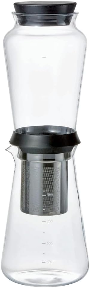 Empty Shizuku cold brew maker showing clear glass chambers with black lid and metal mesh filter component.