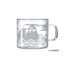 Clear glass mug with Mount Fuji illustration in gray and wavy cloud pattern design.