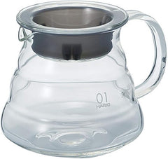 HARIO glass carafe with metal filter basket and handle, marked 01 size.