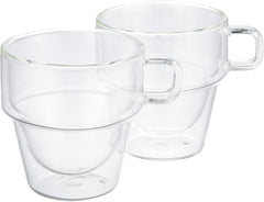 Two clear double-wall glass mugs with handles, stacked together showing the insulated design.