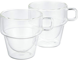 Two clear double-wall glass mugs with handles, stacked together showing the insulated design.