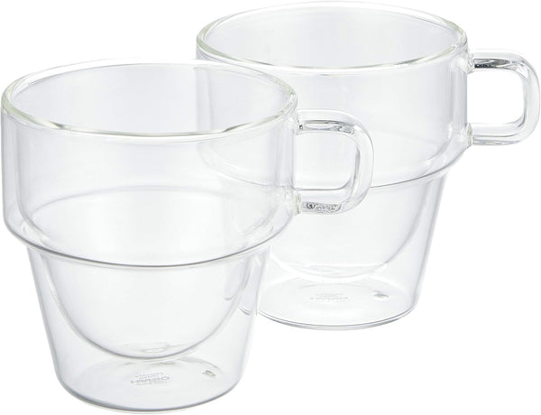 Two clear double-wall glass mugs with handles, stacked together showing the insulated design.