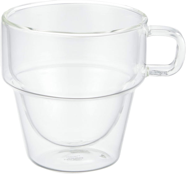 Single clear double-wall glass mug with handle, front view displaying cylindrical shape and inner wall.
