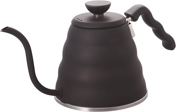 Black stainless steel gooseneck kettle with curved spout, domed lid, and heat-resistant handle on white background.