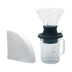 Hario V60 Glass Switch Dripper Set 02 with glass cone dripper, black rubber collar, 300ml carafe, and white paper filter