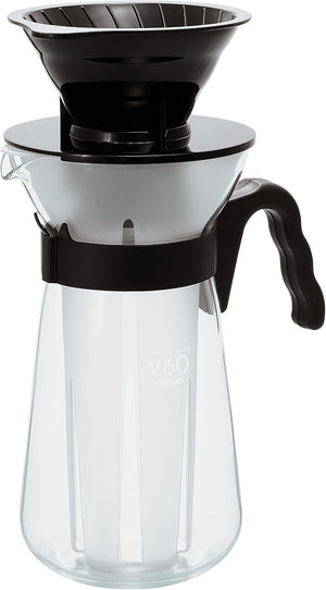 Complete V60 coffee maker showing stacked components: glass carafe, ice strainer, dripper basket, and black handle band.