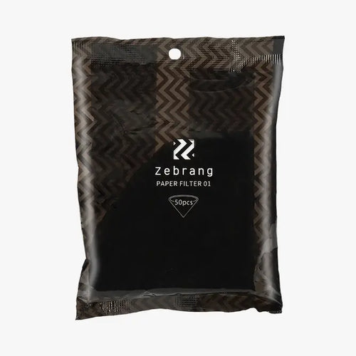 Zebrang Paper Filter 01 package with chevron pattern, 50 count, white background