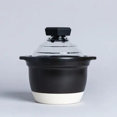 Front-facing product view of ceramic rice cooker with transparent glass lid closed.