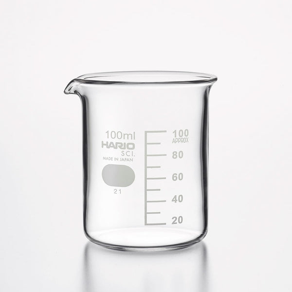 Empty 100ml HARIO glass beaker with volume measurements on white.