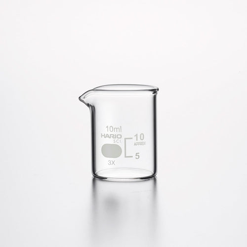 Empty 10ml HARIO glass beaker with measurement markings on white.