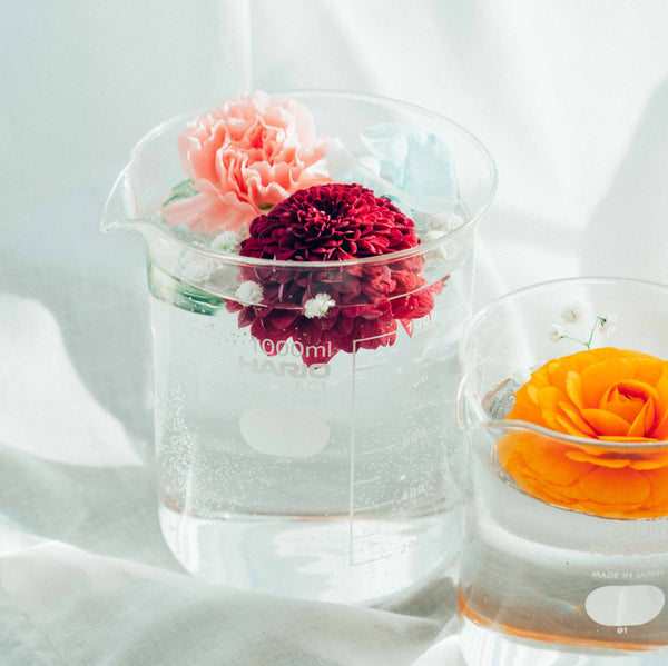 Large HARIO beaker with red and pink carnations and orange rose.