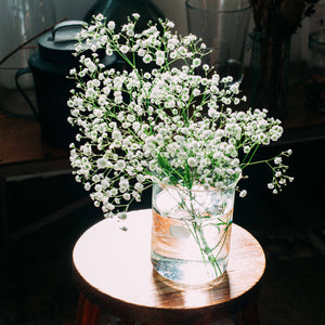 Full baby's breath arrangement in glass beaker on wooden surface.