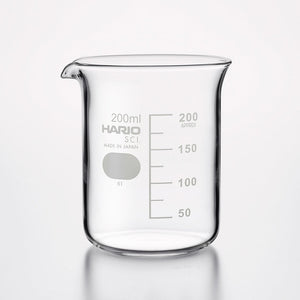 Empty 200ml HARIO glass beaker with calibration lines on white.