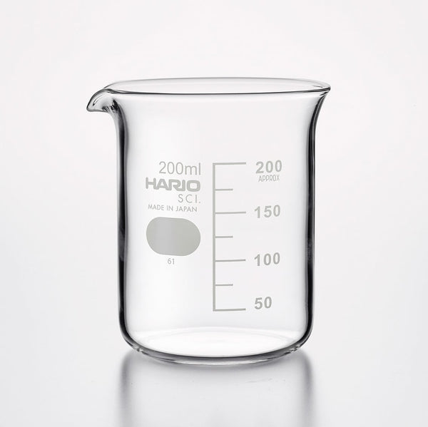 Empty 200ml HARIO glass beaker with calibration lines on white.