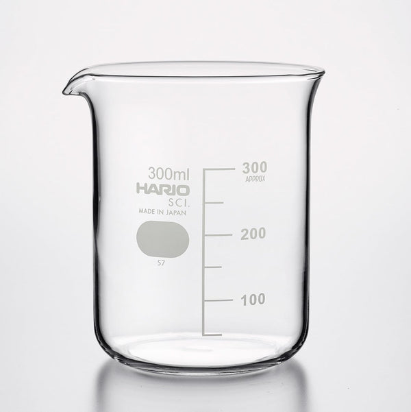 Empty 300ml HARIO glass beaker with measurement lines on white.