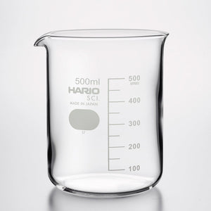 Empty 500ml HARIO glass beaker with pouring spout on white.