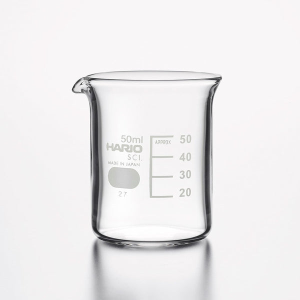 Empty 50ml HARIO glass beaker with gradation markings on white.