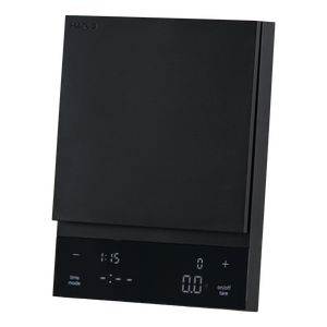 Black Polaris coffee scale with hinged clear cover closed in angled side view