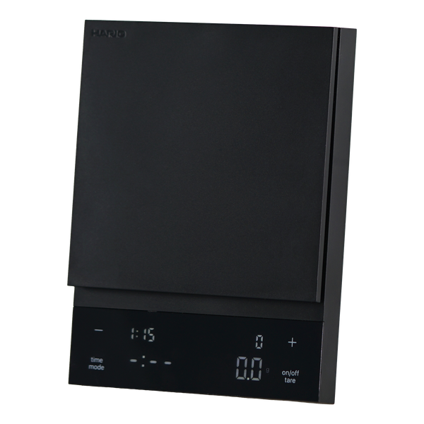 Black Polaris coffee scale with hinged clear cover closed in angled side view