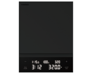 Black Polaris coffee scale front display showing digital readout and adjustment buttons