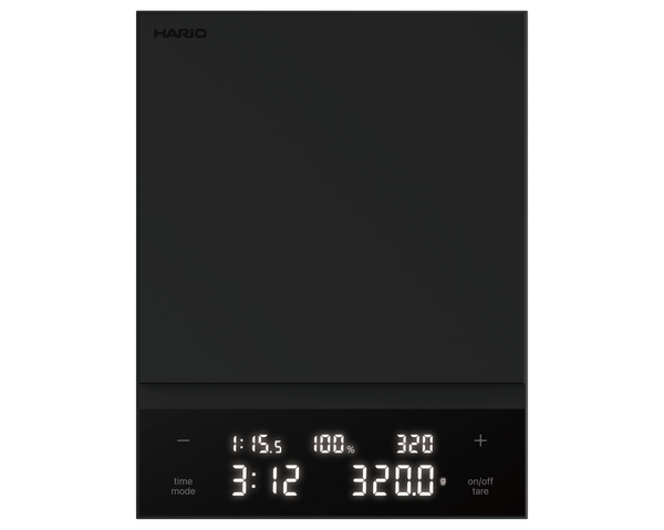 Black Polaris coffee scale front display showing digital readout and adjustment buttons