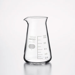 Empty 100ml Hario Scientific glass beaker with gradated volume markings and pouring spout.