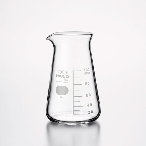 Empty 100ml Hario Scientific glass beaker with gradated volume markings and pouring spout.
