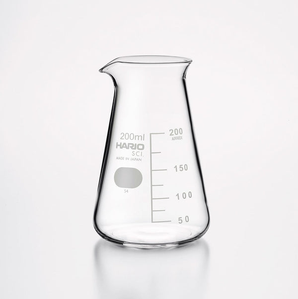 Empty 200ml Hario Scientific glass beaker with measurement scale and angled pouring spout.