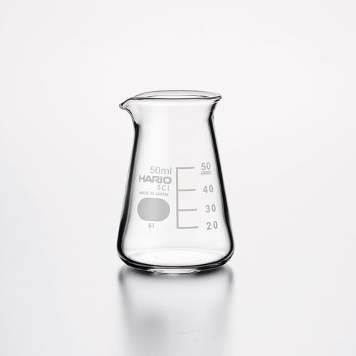 Empty 50ml Hario Scientific glass beaker with measurement markings and pouring spout.