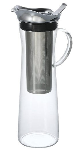 Clear glass cold brew pitcher with stainless steel mesh filter insert and black lid with handle, shown empty.
