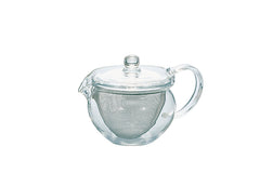Empty glass teapot with metal mesh strainer basket, shown from front angle against white background
