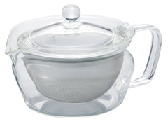 Glass teapot with integrated mesh infuser basket and clear glass lid with finial knob.