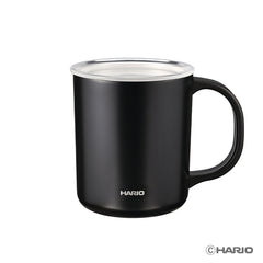 Black HARIO double-walled thermal mug with clear glass lid displayed on white background