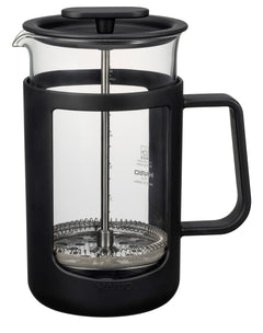 Black Hario press with glass carafe and metal plunger strainer shown front angle on white background