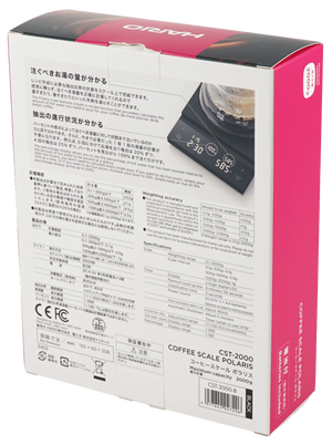 Back of Polaris coffee scale retail box showing Japanese and English product specifications, features, and technical details