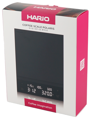 HARIO Polaris Coffee Scale black version retail packaging showing product and display