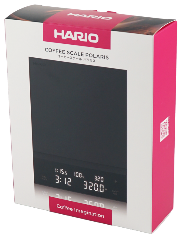HARIO Polaris Coffee Scale black version retail packaging showing product and display