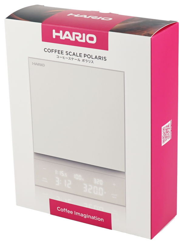 HARIO Polaris Coffee Scale white version retail packaging with product image on box
