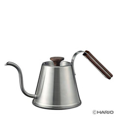 Stainless steel drip kettle with gooseneck spout and dark walnut wood handle and lid.
